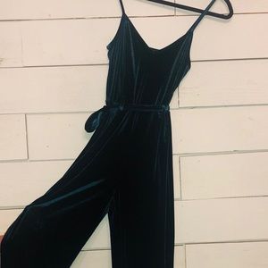Green velvet jumpsuit.